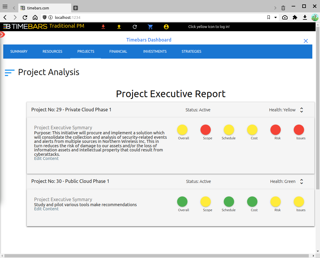 Timebars Resource Scheduling App for Managers showing traffic light report of project status.